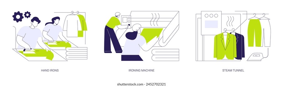 Conjunto de Ilustración vectorial de concepto abstracto de acabado de ropa. Planchas de mano, máquina de planchar, túnel de vapor, mesa de prensa de vacío en la industria ligera, telas y producción textil metáfora abstracta.