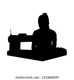 garment girl silhouette, worker in textile factory sewing with industrial sewing machine silhouette, Dressmaker woman working with sewing machine silhouette, Fashion designer silhouette.