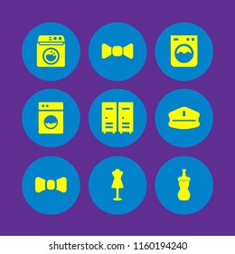 garment icon. 9 garment set with store mannequin, washing machine, bow tie and uniform vector icons for web and mobile app