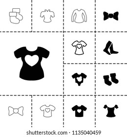 Garment icon. collection of 13 garment filled and outline icons such as baby socks, socks, t-shirt with heart, baby onesie, blouse. editable garment icons for web and mobile.