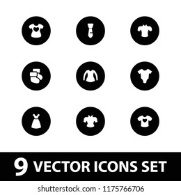 Garment icon. collection of 9 garment filled icons such as baby onesie, dress, blouse, tie, baby socks. editable garment icons for web and mobile.