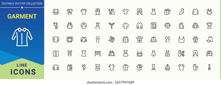 Garment icon pack. Minimalist linear icons. Vector illustration in modern line style. Suit icon set. Contains outline symbols like suit, clothing, textile, shirt and more.