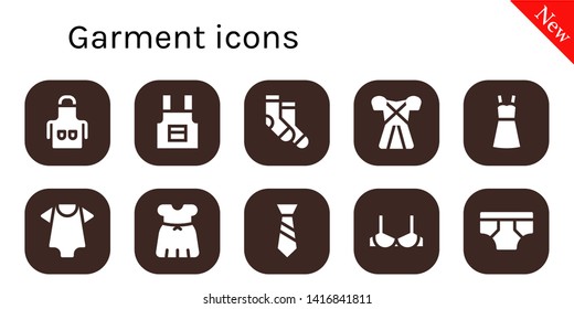 garment icon set. 10 filled garment icons.  Collection Of - Apron, Socks, Dress, Baby clothes, Tie, Brassiere, Underwear