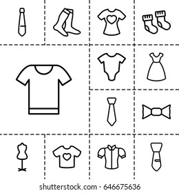 Garment icon. set of 13 outline garment icons such as baby socks, baby onesie, dress, mannequin, socks, blouse, bow tie, tie, t-shirt with heart