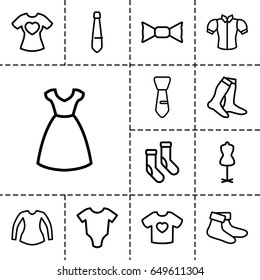 Garment icon. set of 13 outline garment icons such as baby onesie, dress, mannequin, socks, blouse, bow tie, tie