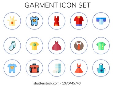garment icon set. 15 flat garment icons.  Collection Of - apron, sock, onesie, tshirt, dress, tie, underwear, pullover, socks