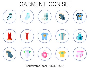 garment icon set. 15 flat garment icons.  Collection Of - sock, dress, tie, socks, onesie, tshirt, apron, baby clothes