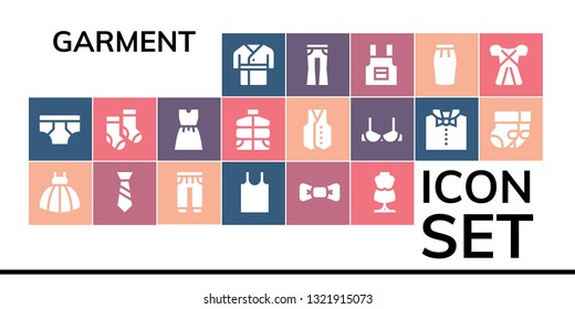 garment icon set. 19 filled garment icons.  Simple modern icons about  - Robe, Underwear, Dress, Tie, Sweatpants, Tank top, Bow tie, Mannequin, Socks, Vest, Brassiere, Jeans, Apron