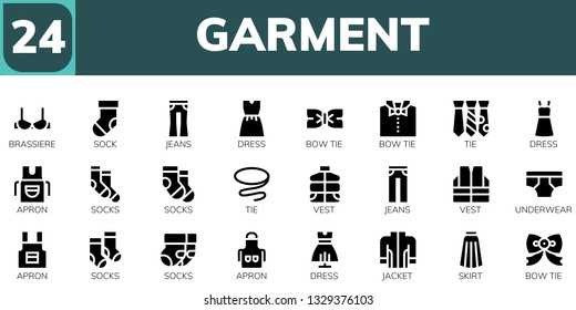 garment icon set. 24 filled garment icons.  Collection Of - Brassiere, Sock, Jeans, Dress, Bow tie, Tie, Apron, Socks, Vest, Underwear, Jacket, Skirt