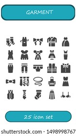 garment icon set. 25 filled garment icons.  Collection Of - Socks, Apron, Tie, Robe, Dress, Skirt, Sweatpants, Underwear, Vest, Bow tie, Sock, Brassiere