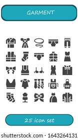 garment icon set. 25 filled garment icons.  Simple modern icons such as: Robe, Dress, Tie, Underwear, Sweatpants, Vest, Sock, Tank top, Brassiere, Bow tie, Baby clothes, Apron