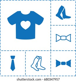 Garment icon. set of 6 garment filled and outline icons such as socks, bow tie, t-shirt with heart