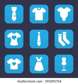 garment icon. Set of 9 filled garment icons such as baby onesie, dress, mannequin, socks, tie, t-shirt with heart