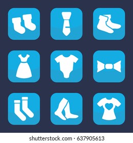 Garment icon. set of 9 filled garment icons such as baby socks, baby onesie, dress, socks, bow tie, tie