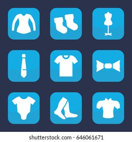 Garment icon. set of 9 filled garment icons such as baby socks, baby onesie, mannequin, socks, blouse, bow tie, tie