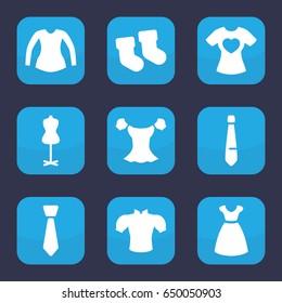 Garment icon. set of 9 filled garment icons such as baby socks, dress, mannequin, blouse, t-shirt with heart