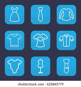 Garment icon. set of 9 outline garment icons such as baby onesie, dress, mannequin, blouse, tie, t-shirt with heart