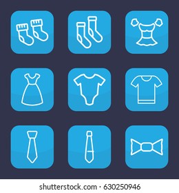 Garment icon. set of 9 outline garment icons such as baby socks, baby onesie, dress, socks, blouse, bow tie, tie