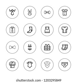Garment icon set. collection of 16 outline garment icons with baby clothes, bow tie, panties, robe, tank top, vest, underwear, sock, socks, tshirt icons.