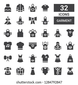 garment icon set. Collection of 32 filled garment icons included Dress, Tie, Baby clothes, Jacket, Apron, Tshirt, Panties, Chef hat, Sleeveless, Bow tie