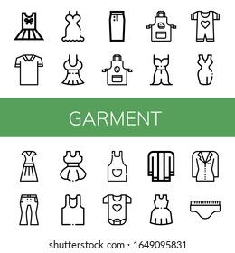 garment icon set. Collection of Dress, Polo shirt, Pencil skirt, Apron, Baby clothes, Jeans, Undershirt, Jacket, Underwear icons