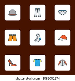 Garment icons colored line set with underpants, shoe, hat and other trousers elements. Isolated vector illustration garment icons.