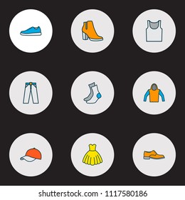 Garment icons colored line set with hat, heels, half-hose and other female boots elements. Isolated vector illustration garment icons.