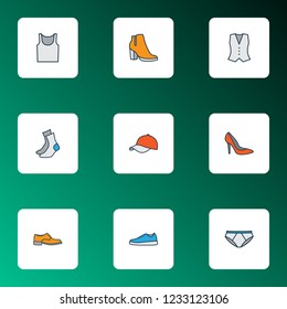 Garment icons colored line set with shoe, gumshoes, half-hose and other panties elements. Isolated vector illustration garment icons.