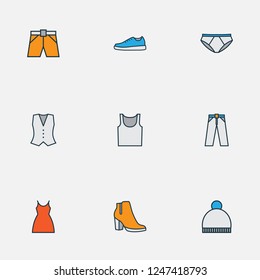 Garment icons colored line set with underpants, waistcoat, gown and other panties elements. Isolated vector illustration garment icons.