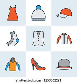 Garment icons colored line set with hat, pompom, shoe and other dress elements. Isolated vector illustration garment icons.