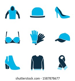 Garment icons colored set with boots, heel shoe, jumper and other sweatshirt elements. Isolated vector illustration garment icons.