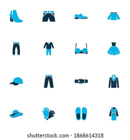 Garment icons colored set with jeans, dressing gown, belt and other latex elements. Isolated vector illustration garment icons.