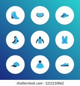 Garment icons colored set with waistcoat, dress, half-hose and other vest elements. Isolated vector illustration garment icons.