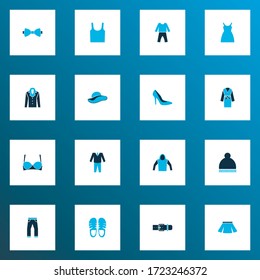 Iconos de ropa de color con sombrero de invierno, cinturón, abrigo y otros elementos de lencería. Iconos aislados de ilustraciones vectoriales.