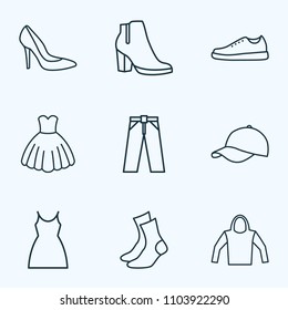 Garment icons line style set with dress, female boots, heels and other sweatshirt elements. Isolated vector illustration garment icons.