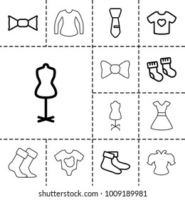Garment icons. set of 13 editable outline garment icons such as baby socks, mannequin, socks, bow tie, tie, t-shirt with heart, baby onesie, dress