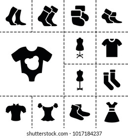 Garment icons. set of 13 editable filled garment icons such as mannequin, socks, blouse, t-shirt, baby socks, baby onesie