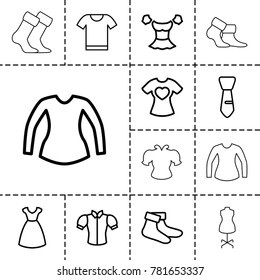 Garment icons. set of 13 editable outline garment icons such as dress, socks, blouse, tie, t-shirt with heart, t-shirt