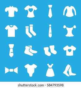 garment icons set. Set of 16 garment filled icons such as baby socks, baby onesie, dress, socks, blouse, bow tie, tie, t-shirt with heart