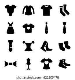 Garment icons set. set of 16 garment filled icons such as baby socks, baby onesie, dress, mannequin, socks, blouse, bow tie, tie, t-shirt with heart