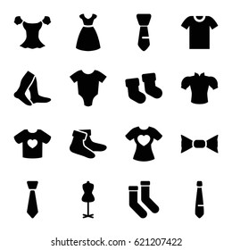 Garment icons set. set of 16 garment filled icons such as baby socks, baby onesie, dress, mannequin, socks, blouse, bow tie, tie, t-shirt with heart