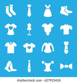 Garment icons set. set of 16 garment filled icons such as baby onesie, dress, mannequin, socks, blouse, bow tie, tie, t-shirt with heart