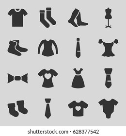 Garment icons set. set of 16 garment filled icons such as baby socks, baby onesie, dress, mannequin, socks, blouse, bow tie, tie, t-shirt with heart