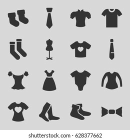 Garment icons set. set of 16 garment filled icons such as baby socks, baby onesie, dress, mannequin, socks, blouse, bow tie, t-shirt with heart, tie