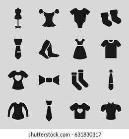 Garment icons set. set of 16 garment filled icons such as baby socks, baby onesie, dress, mannequin, socks, blouse, bow tie, tie, t-shirt with heart