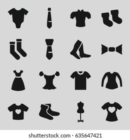 Garment icons set. set of 16 garment filled icons such as baby socks, baby onesie, dress, mannequin, socks, blouse, bow tie, tie, t-shirt with heart