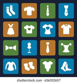 Garment icons set. set of 16 garment filled icons such as baby socks, baby onesie, dress, mannequin, socks, blouse, bow tie, tie, t-shirt with heart