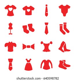 Garment icons set. set of 16 garment filled icons such as baby socks, baby onesie, dress, mannequin, socks, blouse, bow tie, tie