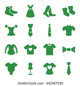 Garment icons set. set of 16 garment filled icons such as baby socks, baby onesie, dress, mannequin, socks, blouse, bow tie, tie, t-shirt with heart