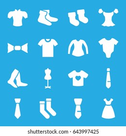 Garment icons set. set of 16 garment filled icons such as baby socks, baby onesie, dress, mannequin, socks, blouse, bow tie, tie, t-shirt with heart